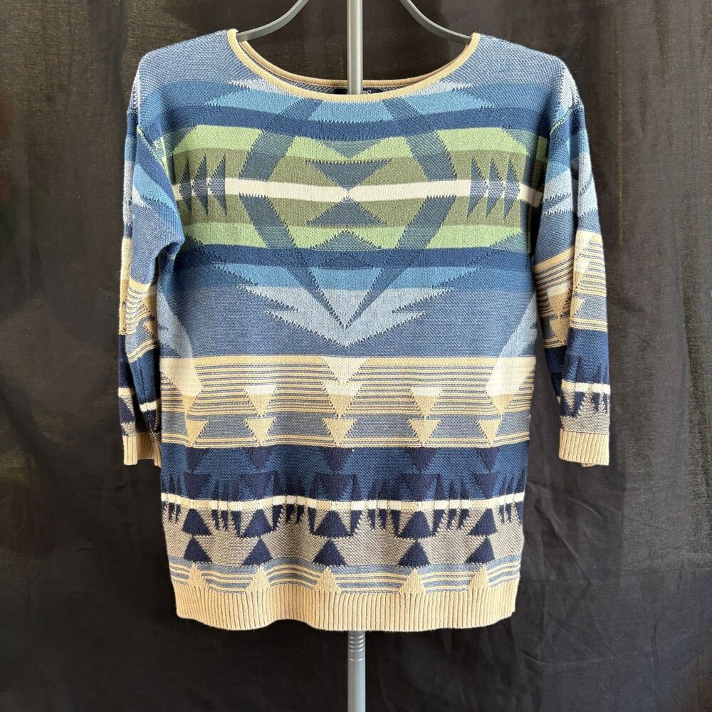 Vintage Chaps Denim Geometric Cotton Sweater S Blue Green Southwestern Knit